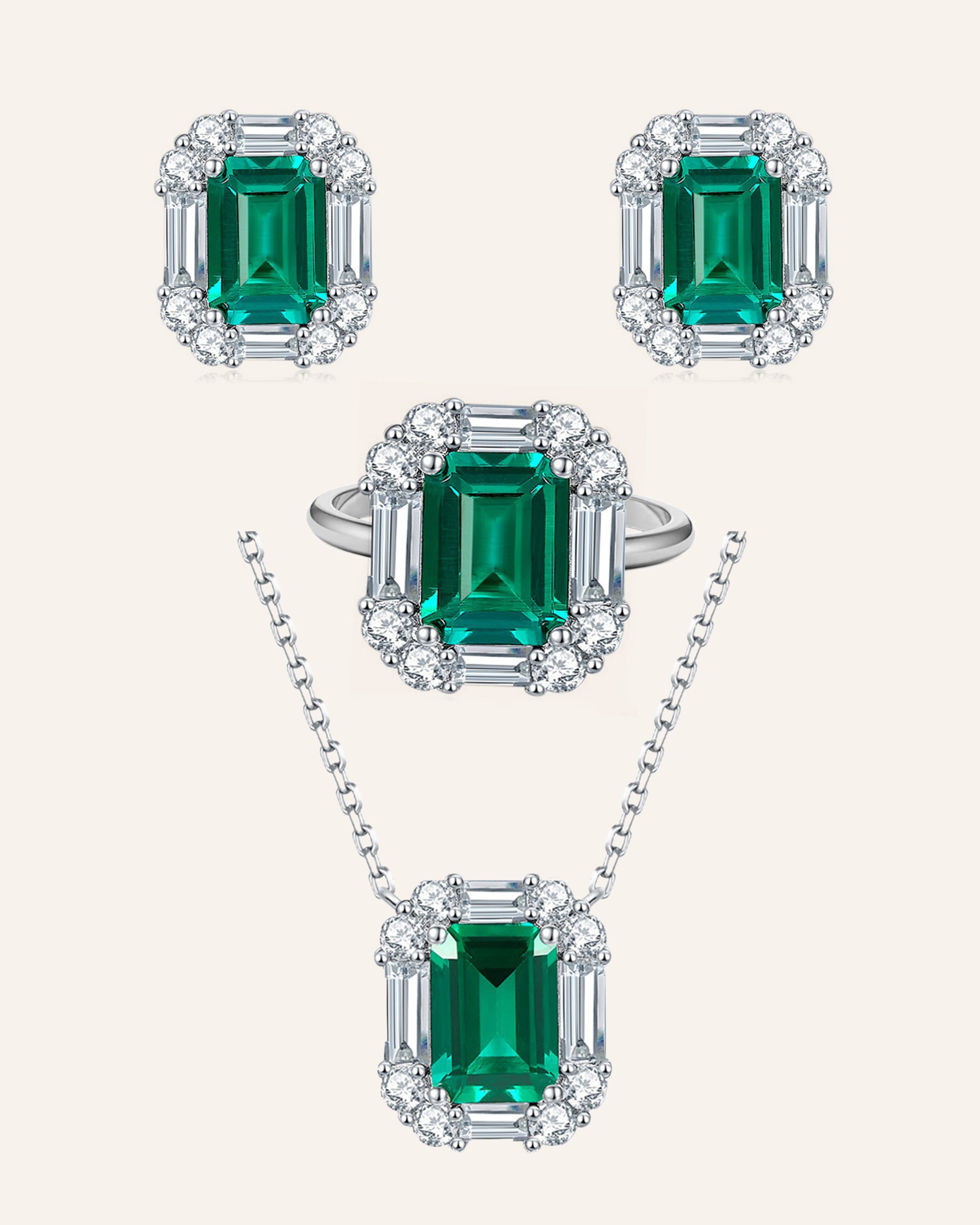 Emerald Glow Set（Necklace & Stud Earrings & Ring)
